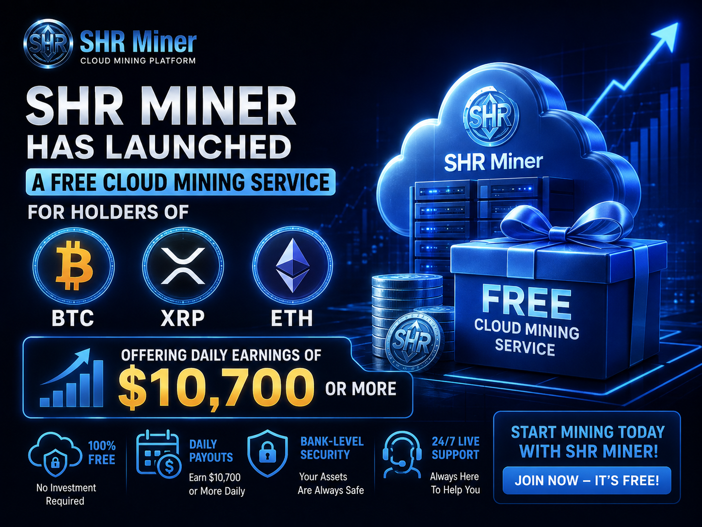 SHR Miner has launched a free cloud mining service for holders of BTC, XRP,  and ETH, offering daily earnings of $10,700 or more-thumnail