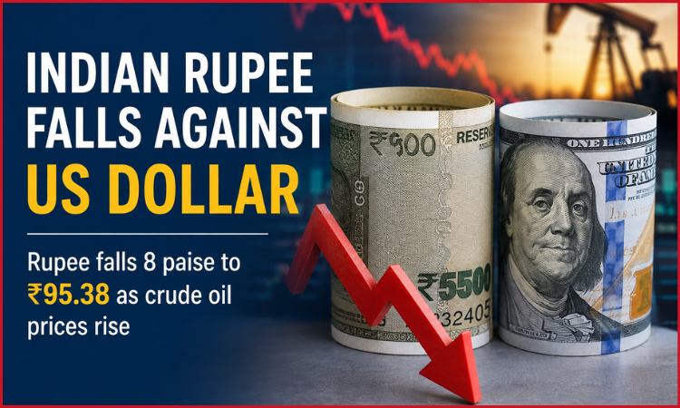 rupee falls 8 paise